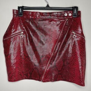 MISSGUIDED Skirt Womens 10 Red Snake Moto Mini Zip Pockets Glossy